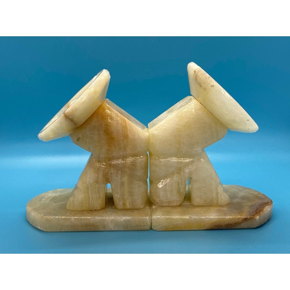 Vintage Hecho Mexican White Marble Sombrero Siesta Bookends